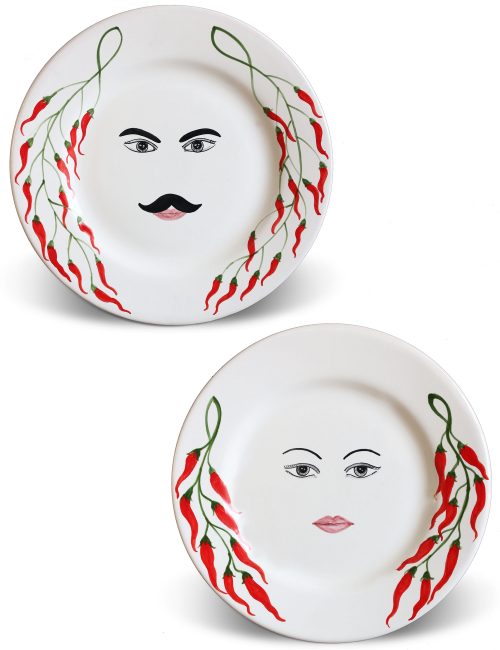 pair face decorated ceramic plates-Carmelo-Ninella chilli pepper decoration