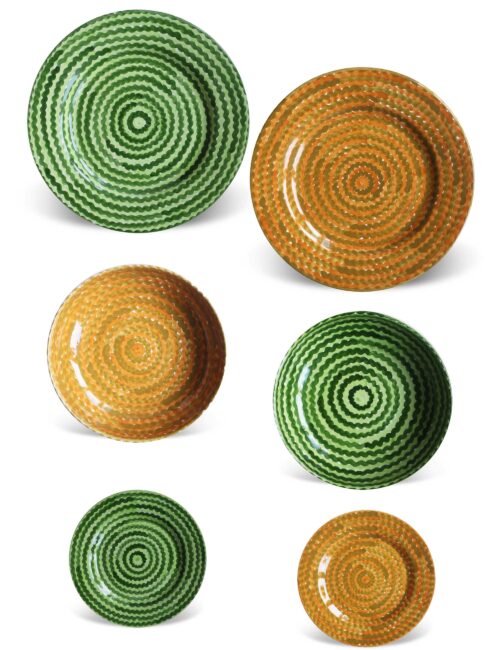 Set piatti in ceramica decorata siciliana verde campo e ocra