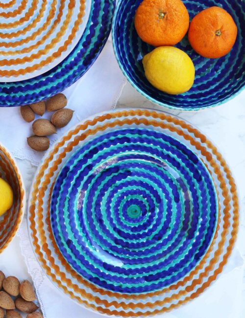 Decorated sicilian ceramic plates sea blue and orange