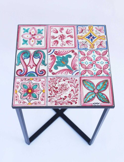 Side table with Sicilian decorated maioliche tiles